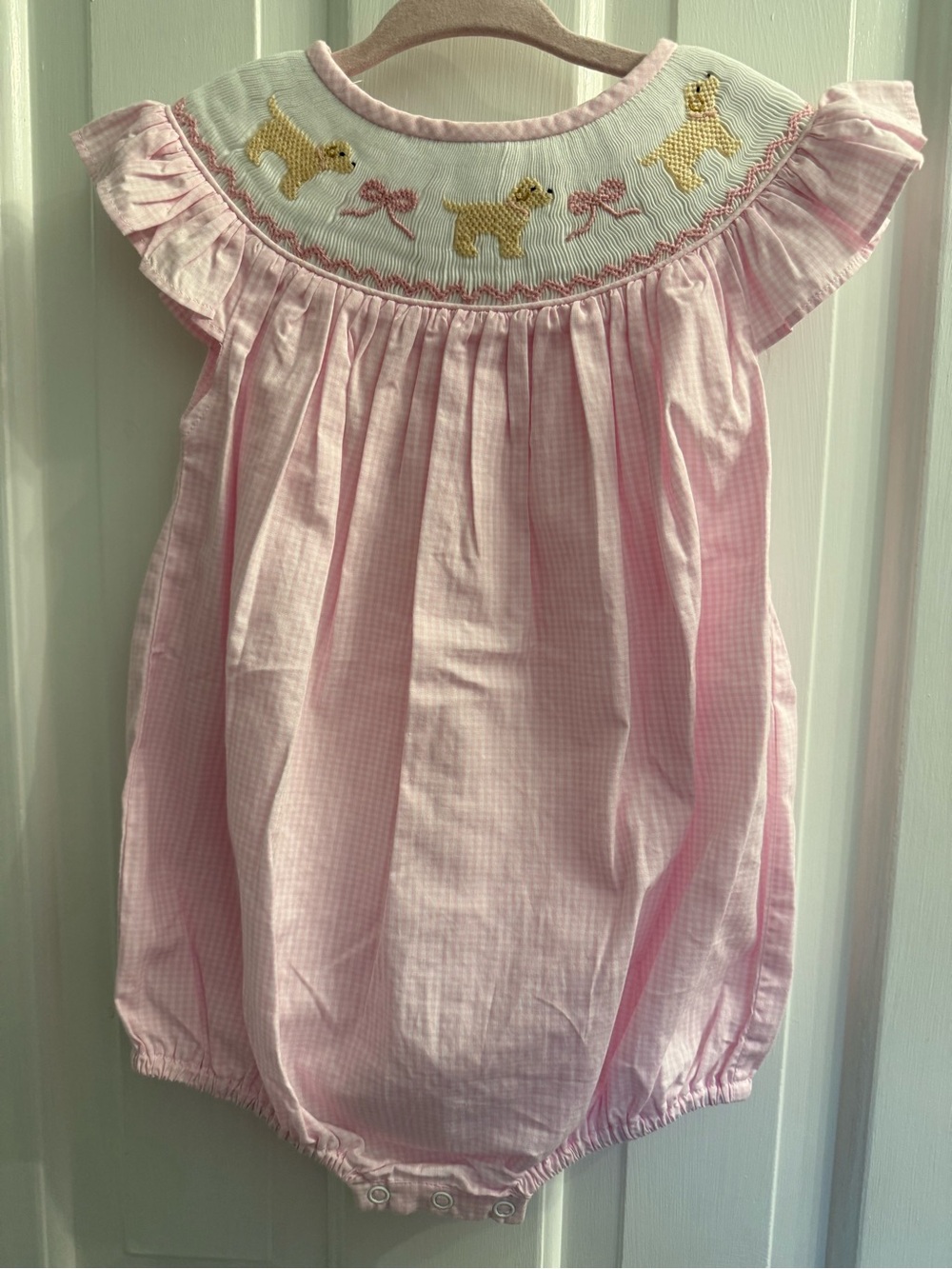 Lillie & Lilah Baby Girl Pink Gingham Smocked Puppy Bubble Romper 12M
